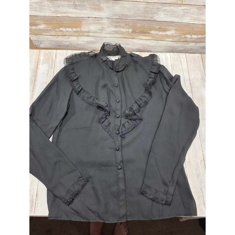 Albert Capraro Bonwit Teller‎ Vintage Black Lace Ruffle Blouse Tie Neck Size 6